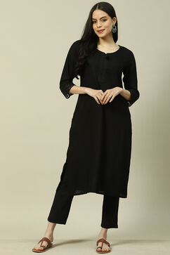 Black LIVA Straight Kurta image number 5