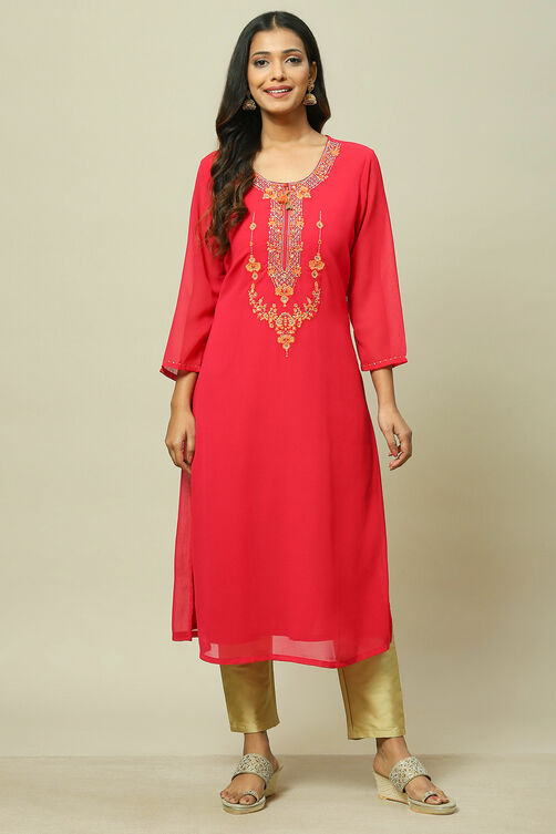 Pink Cotton Blend Straight Kurta image number 5