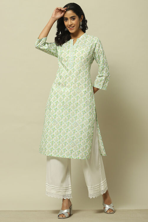 White & Yellow Cambric Printed Straight Kurta image number 0