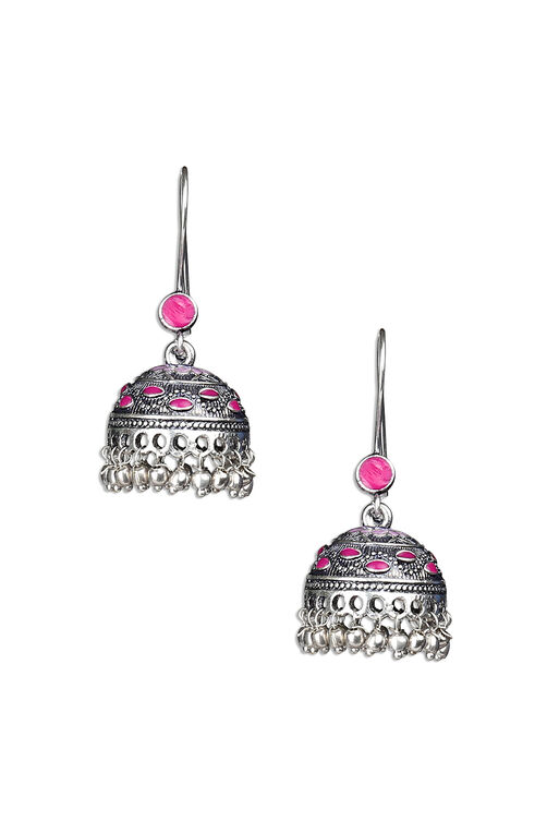 Pink Enamel Earrings With Oxidised Metal image number 1