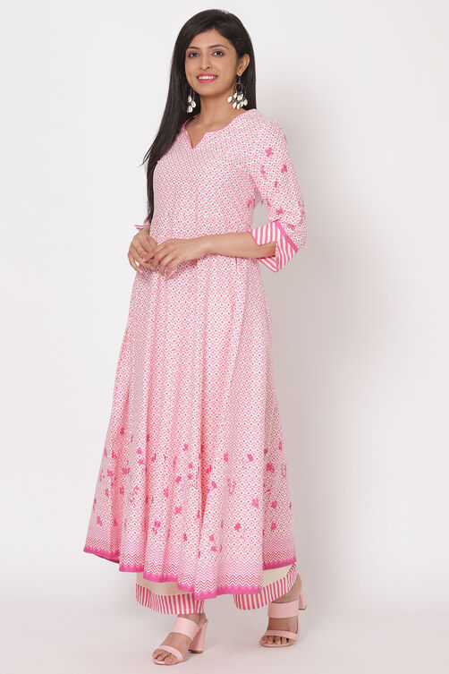 Pink Cotton Kalidar Kurta image number 3