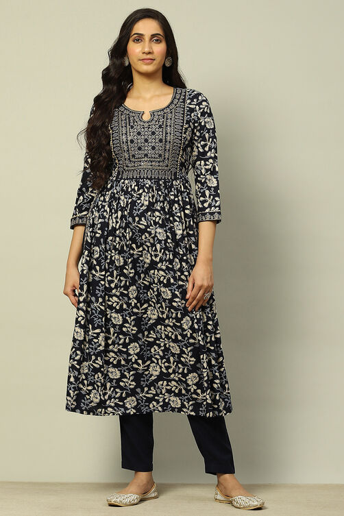 Indigo Rayon Gathered Printed Kurta Pants Suit Set image number 6