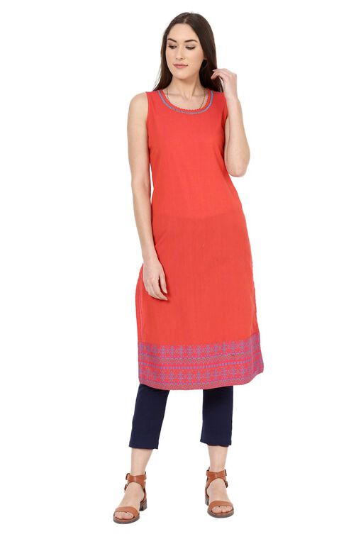 Orange Straight Poly Cotton Kurta image number 0