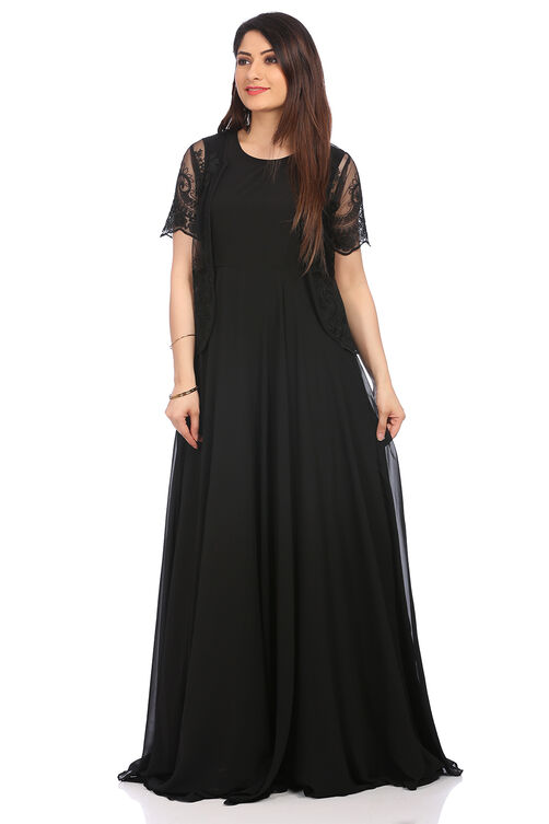 Black Art Silk Kurta Gown image number 4