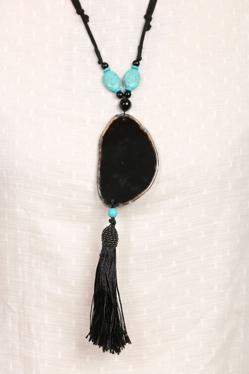Black Agate And Turquoise Beads With Tassel Necklace image number 1
