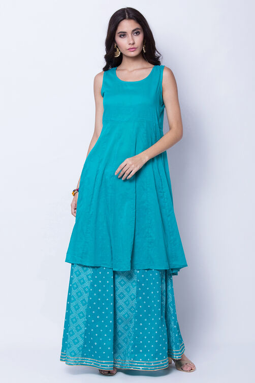 Turquoise Cotton Kalidar Kurta image number 3