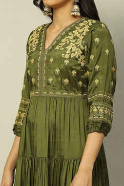 Green Viscose Shantoon Tiered Dress image number 1