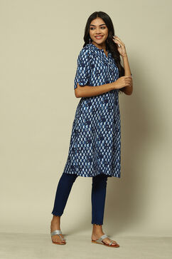 Indigo Blue LIVA Straight Printed Kurta image number 3