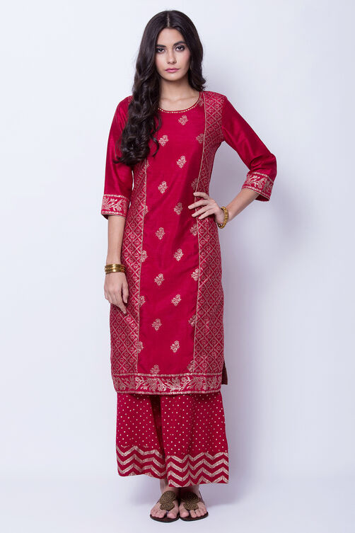 Maroon Polyester Dupioni Straight Kurta image number 0