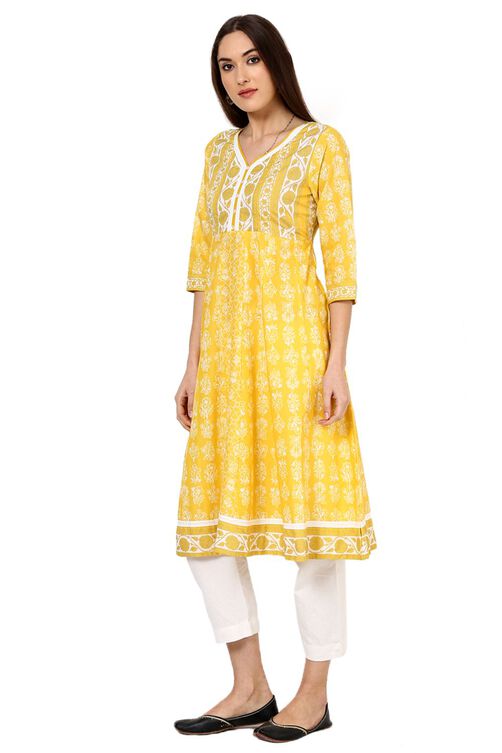 Yellow Kalidar Cotton Kurta image number 2