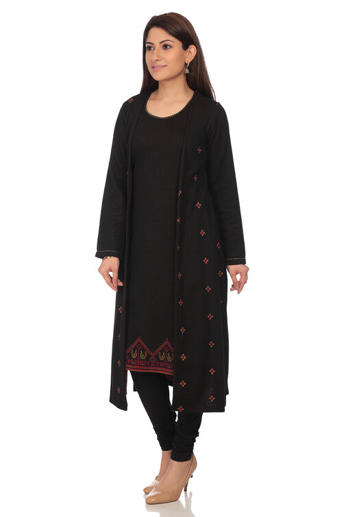Black Front Open Poly Cotton Kurta image number 3