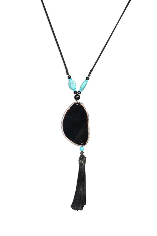 Black Agate And Turquoise Beads With Tassel Necklace image number 2