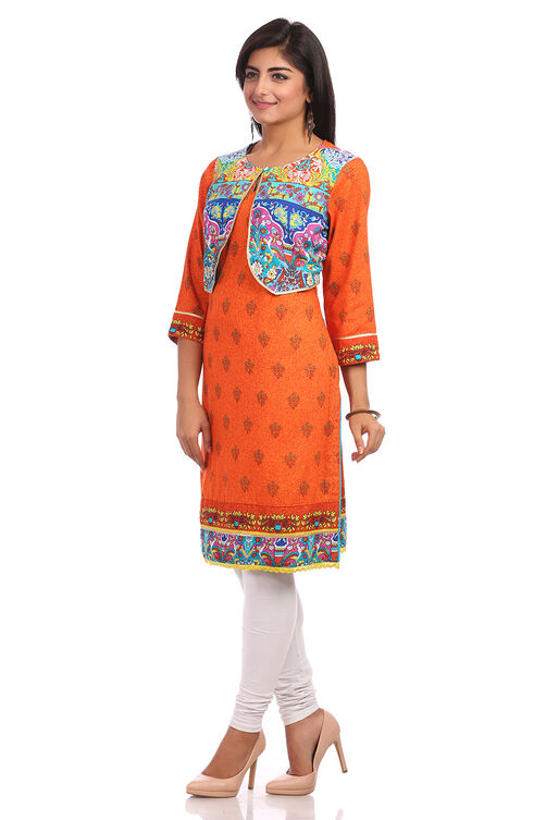 Blue & Orange Straight Cotton Kurta image number 3