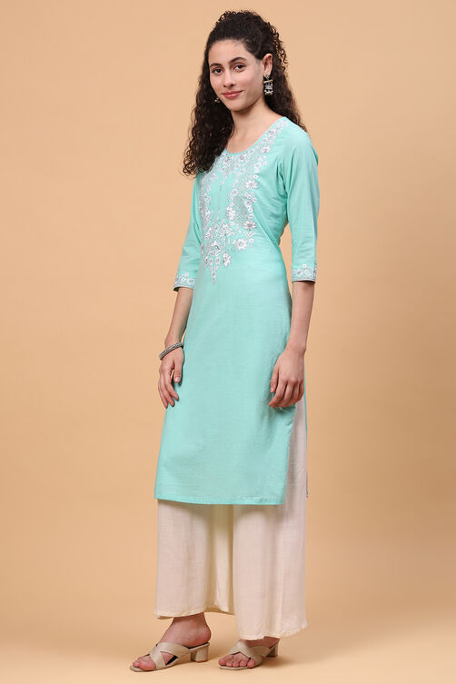 Blue Cotton Straight Kurta image number 2