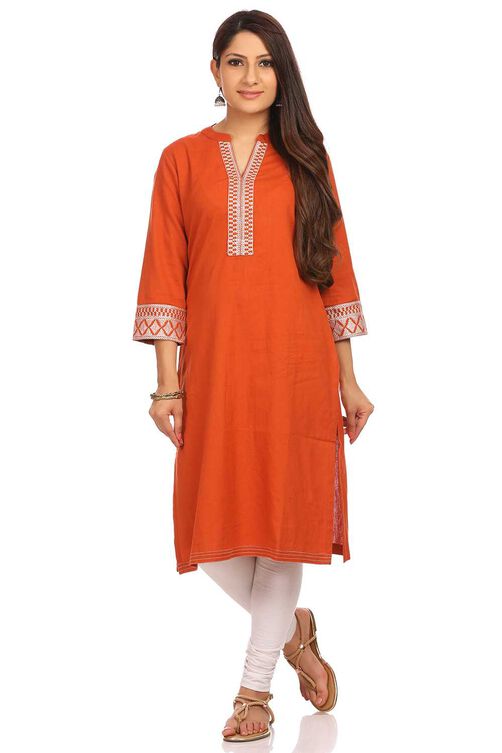 Rust Straight Cotton Kurta image number 0