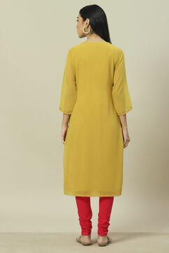 Lime Green Cotton Blend Straight Kurta image number 4