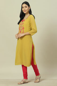 Lime Green Cotton Blend Straight Kurta image number 3