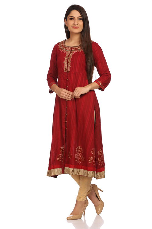 Red A-Line Cotton Kurta image number 2