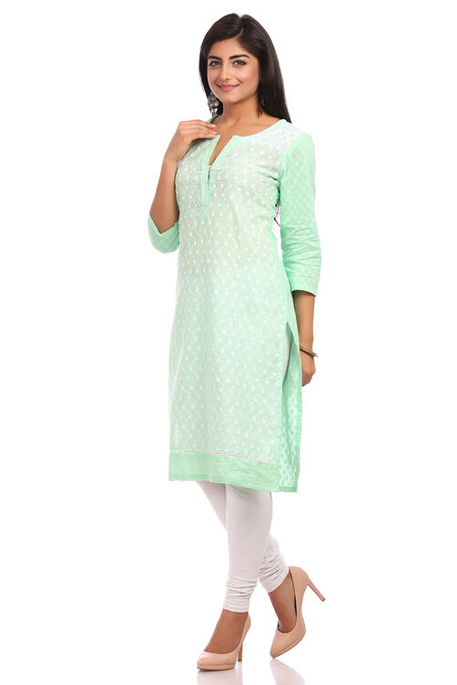 Mint Green Straight Cotton Kurta image number 3