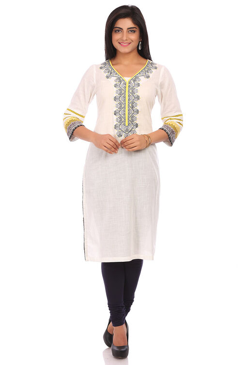 Off White Cotton Straight Kurta image number 0