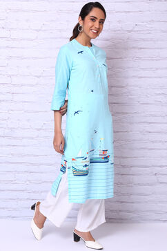 Sky Blue Cotton Slub Straight Kurta image number 2