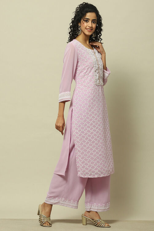 Mauve Poly Georgette Embroidered Straight Kurta image number 5