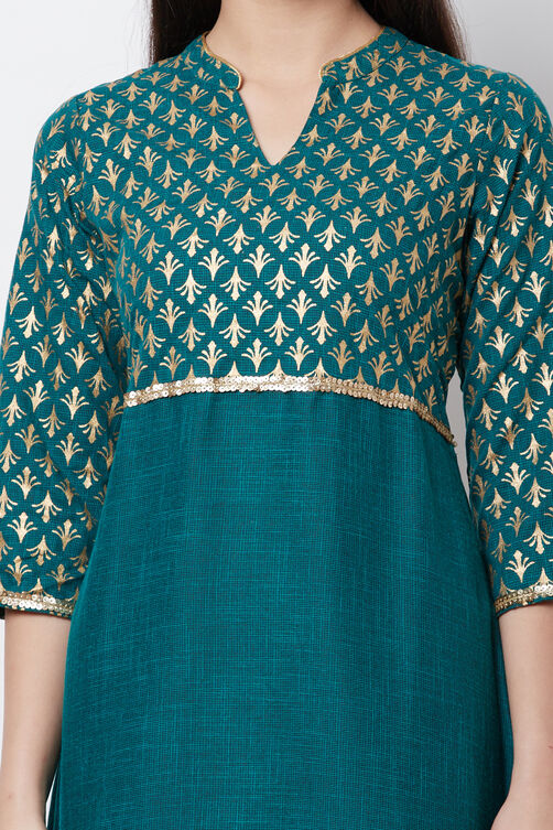 Green Poly Cotton A Line Kurta image number 1