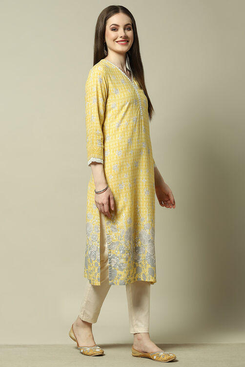 Yellow Floral Printed Straight Kurta image number 4