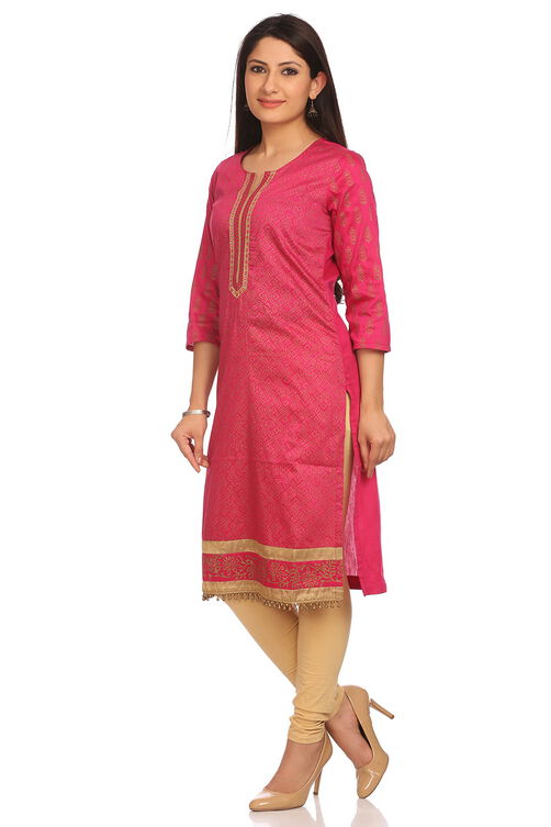 Pink Cotton Straight Kurta image number 2