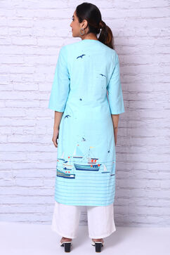 Sky Blue Cotton Slub Straight Kurta image number 5