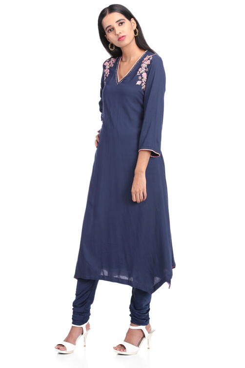 Navy Blue Flared Rayon Suit Set image number 3