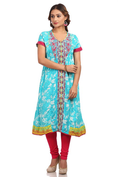 Turquoise Flared Cotton Kurta image number 0