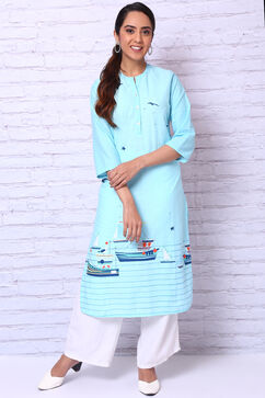 Sky Blue Cotton Slub Straight Kurta image number 0