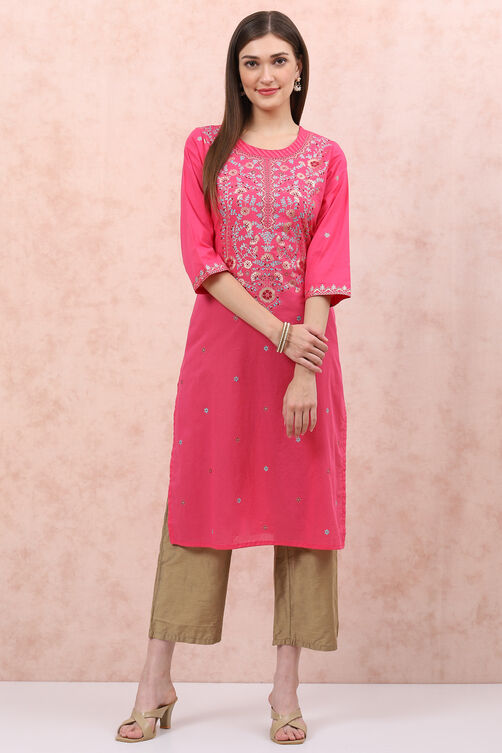 Pink Cotton Straight Kurta image number 0