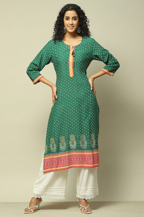 Green LIVA Straight Printed Kurta image number 5