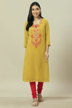 Lime Green Cotton Blend Straight Kurta image number 6