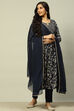 Indigo Rayon Gathered Printed Kurta Pants Suit Set image number 0