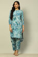 Aqua Blue Rayon Straight Printed Kurta Palazzo Suit Set image number 7