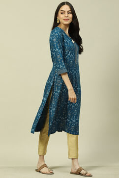 Teal Blue LIVA Straight Kurta image number 6