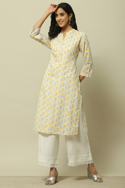 White & Yellow Cambric Printed Straight Kurta image number 0