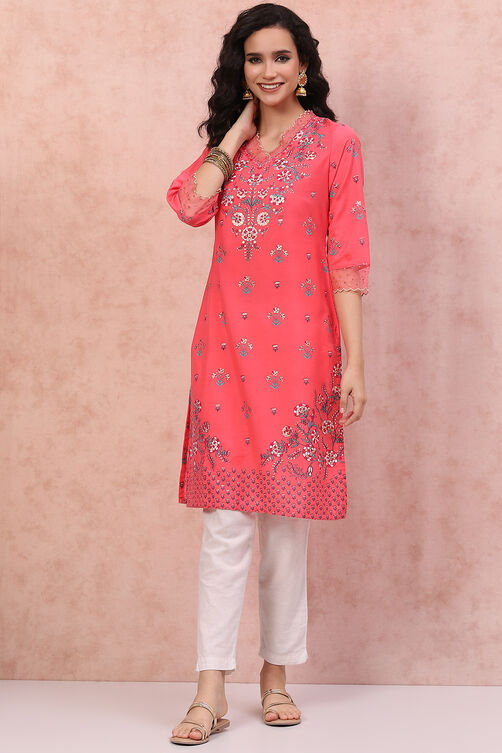 Pink Art Silk Floral Kurta image number 0