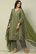 Olive Green Viscose Blend A-Line Printed Kurta Palazzo Suit Set image number 0