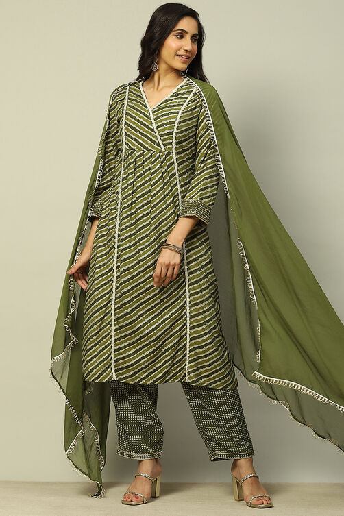 Olive Green Viscose Blend A-Line Printed Kurta Palazzo Suit Set image number 0