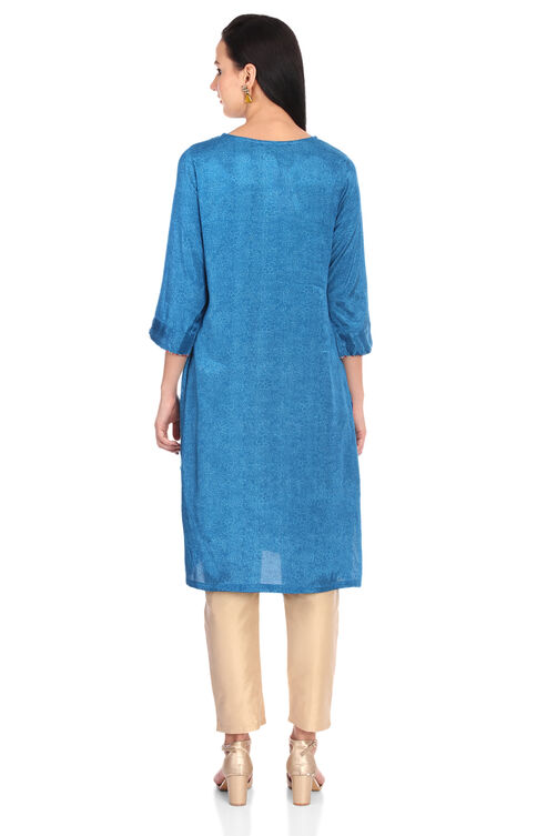 Teal Blue A Line Viscose Dress image number 5