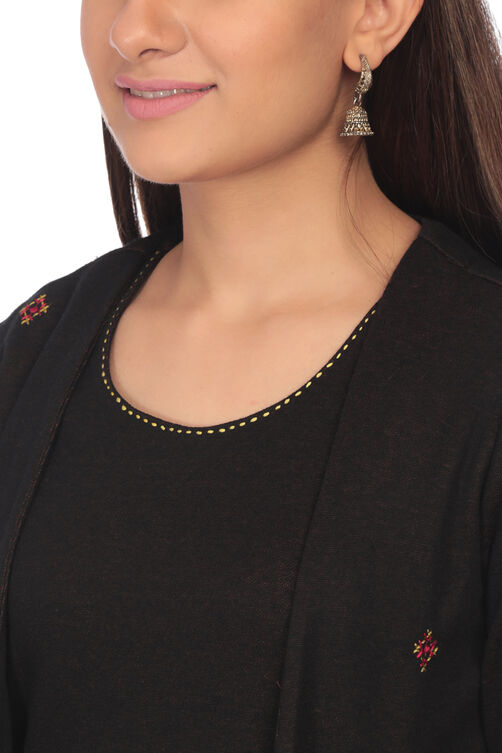 Black Front Open Poly Cotton Kurta image number 1