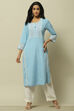 Blue Schiffli Detail Straight Kurta image number 5