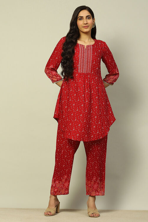 Red Viscose Blend Flared Printed Kurta Salwar Suit Set image number 0