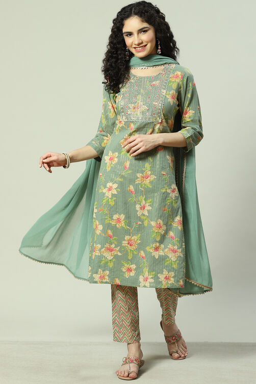 Green Cotton Blend Yard-dyed Kurta & Pants Suit Set image number 0