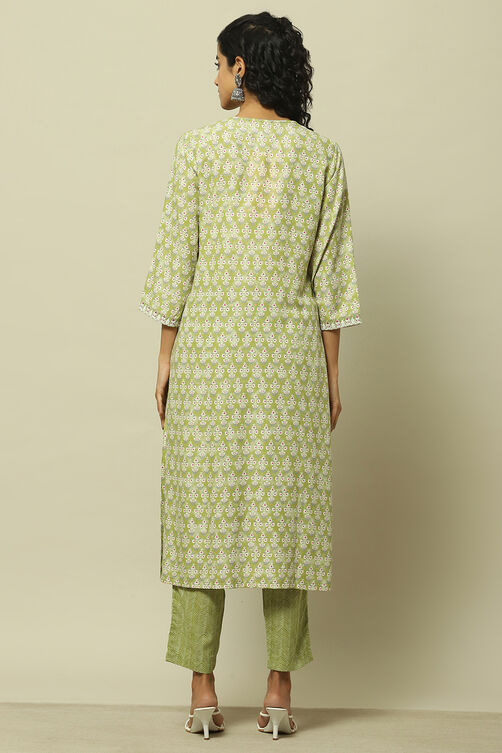 Green Printed Straight Kurta & Pants Suit Set image number 5