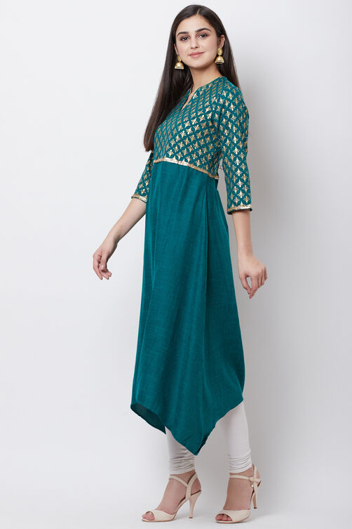 Green Poly Cotton A Line Kurta image number 2